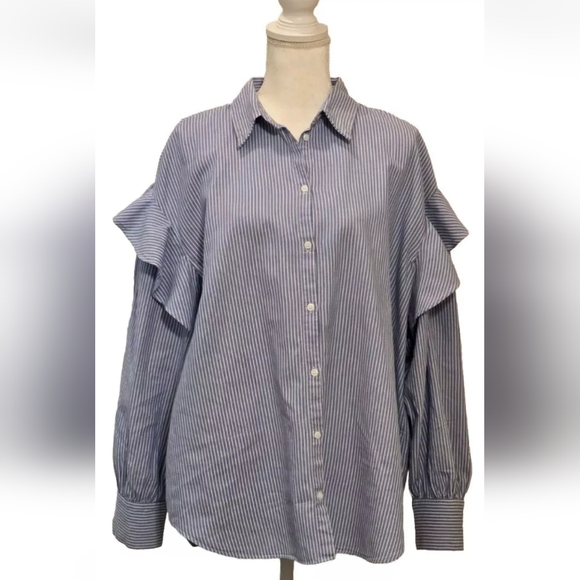 Zara Woman Blue Pinstripe Ruffle Shoulder Frill Button UP Long Sleeve Blouse PL - Picture 4 of 15
